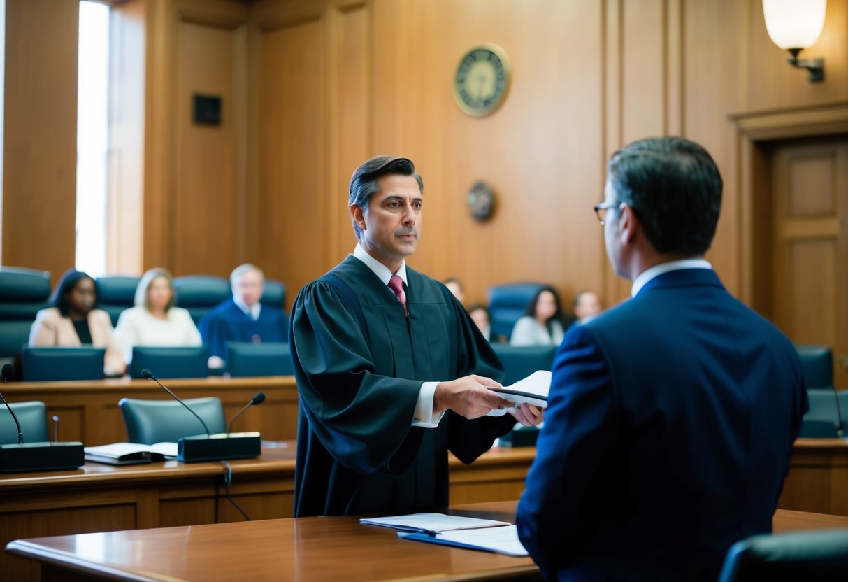 An attorney stands before a judge in a courtroom during a preliminary hearing, presenting evidence and arguments on behalf of their client