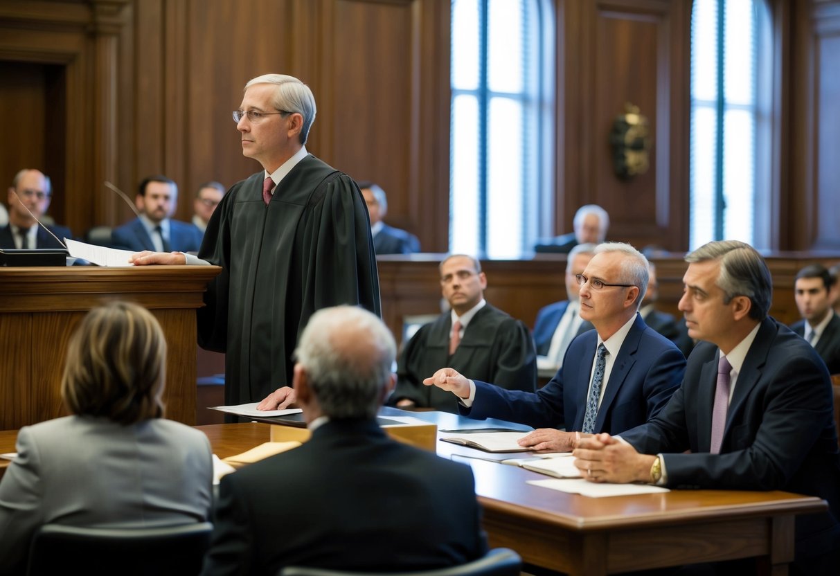 A courtroom with a judge presiding over a preliminary hearing. Lawyers present evidence and arguments while the defendant listens attentively