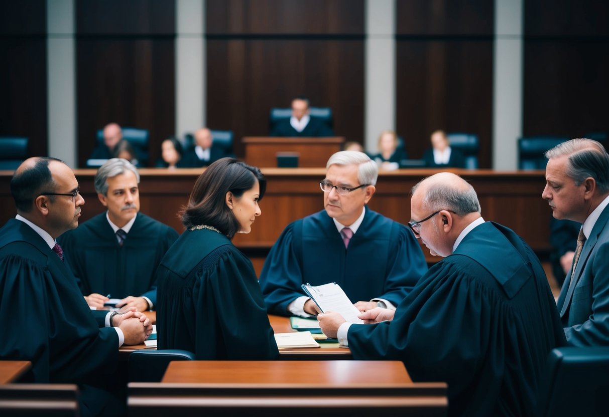 A courtroom scene with lawyers, judges, and defendants interacting during a preliminary hearing