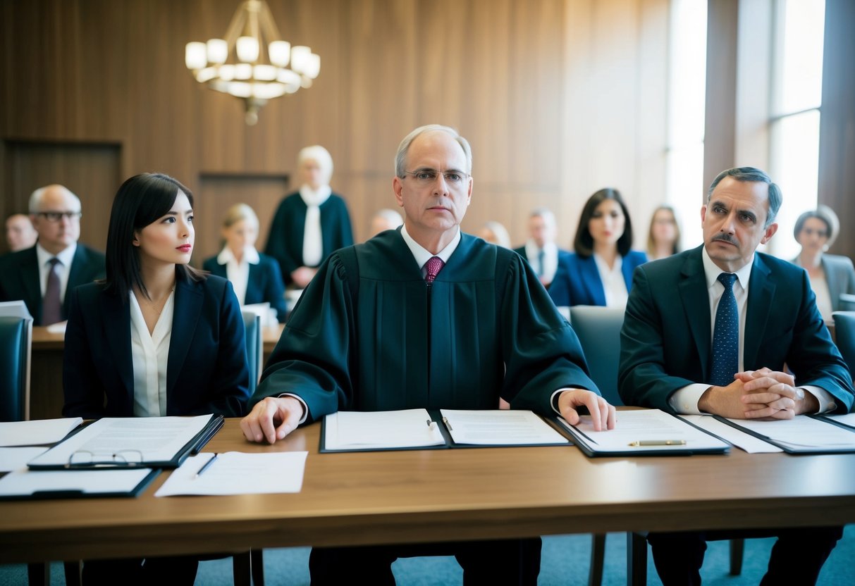 A courtroom with a judge, lawyers, and witnesses. Documents and evidence presented on a table. Tension and scrutiny in the air