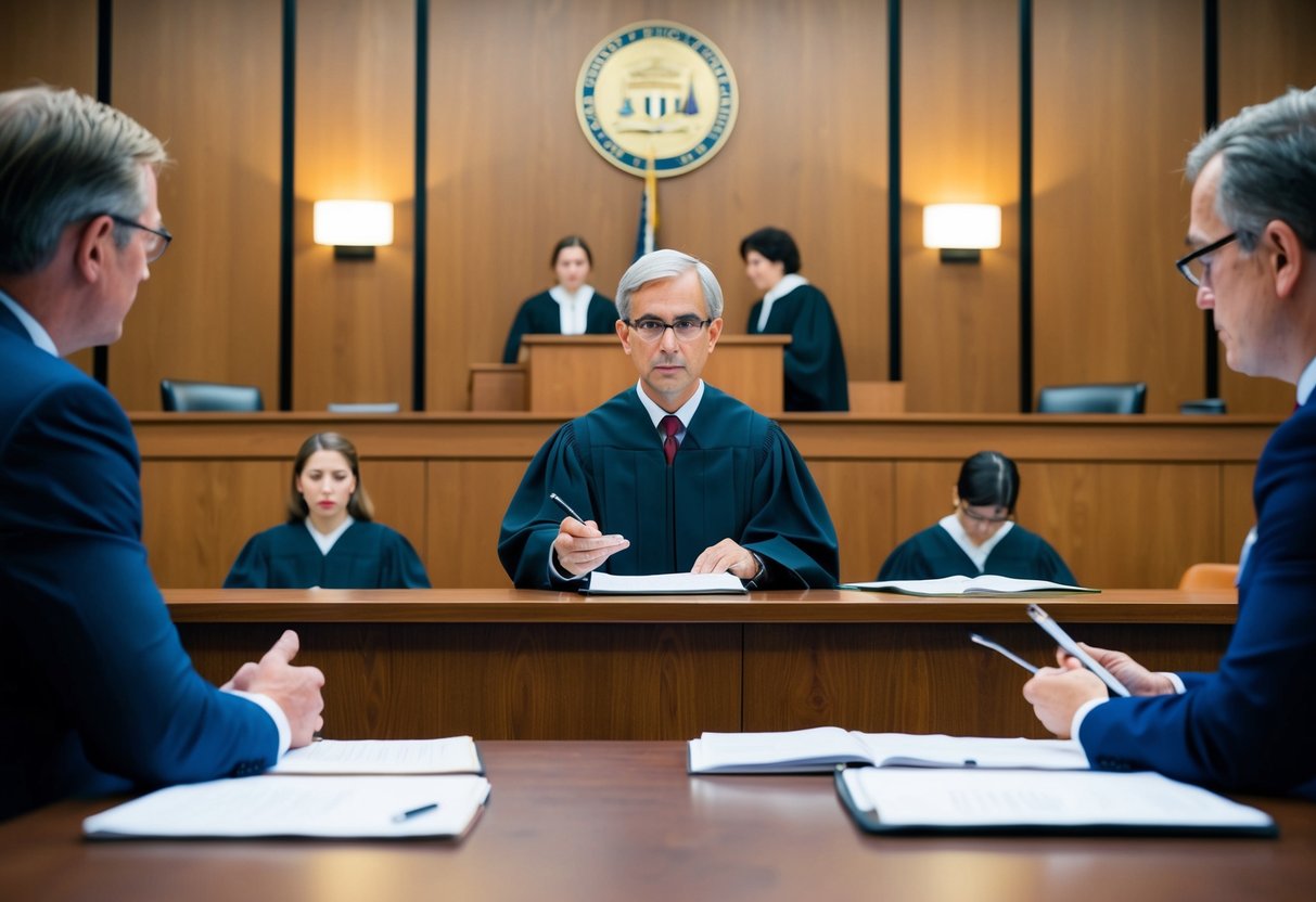 A courtroom with a judge, witness stand, and lawyers presenting evidence