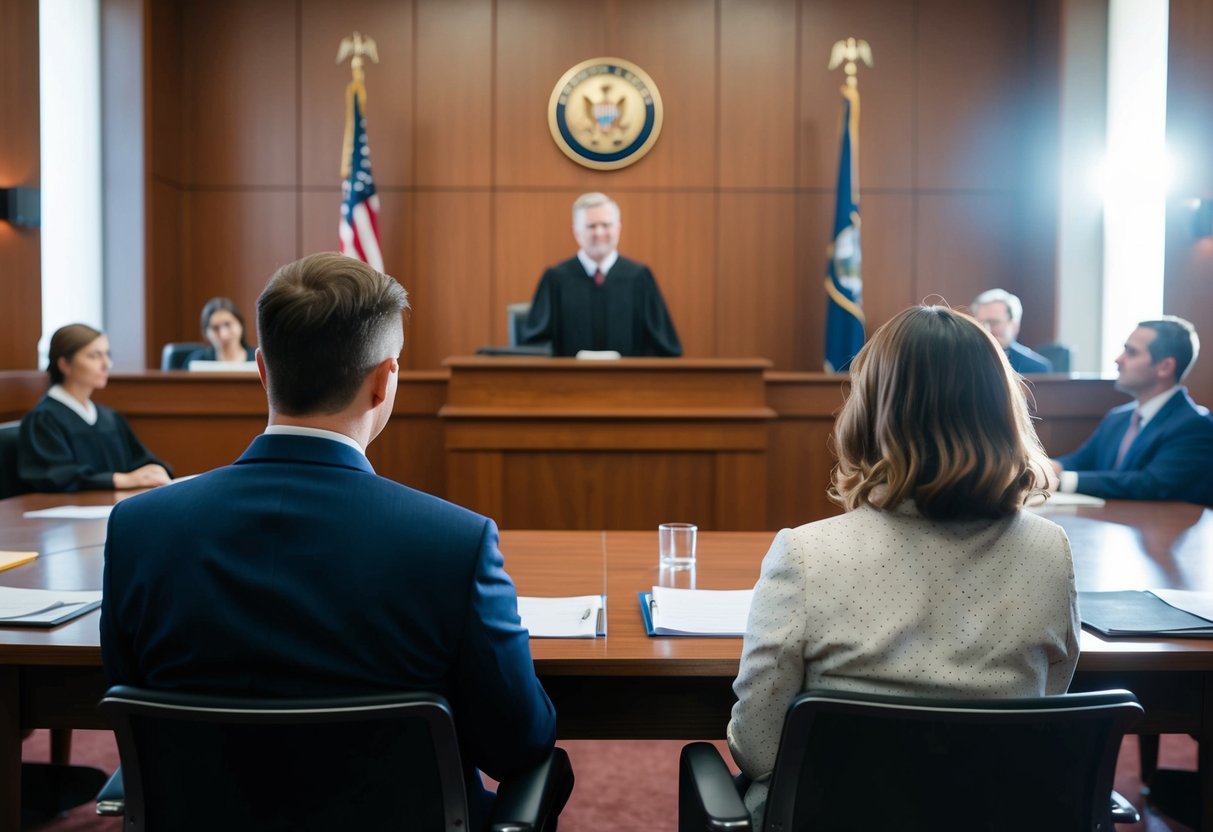 A courtroom with a witness stand facing a judge and lawyers