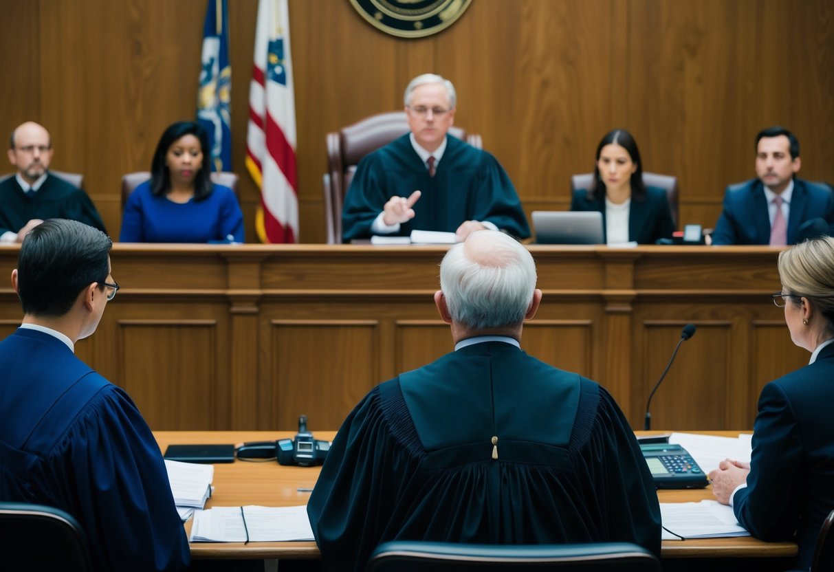 A courtroom with a judge presiding over a preliminary hearing, with witnesses giving testimonies in front of a court stenographer and lawyers