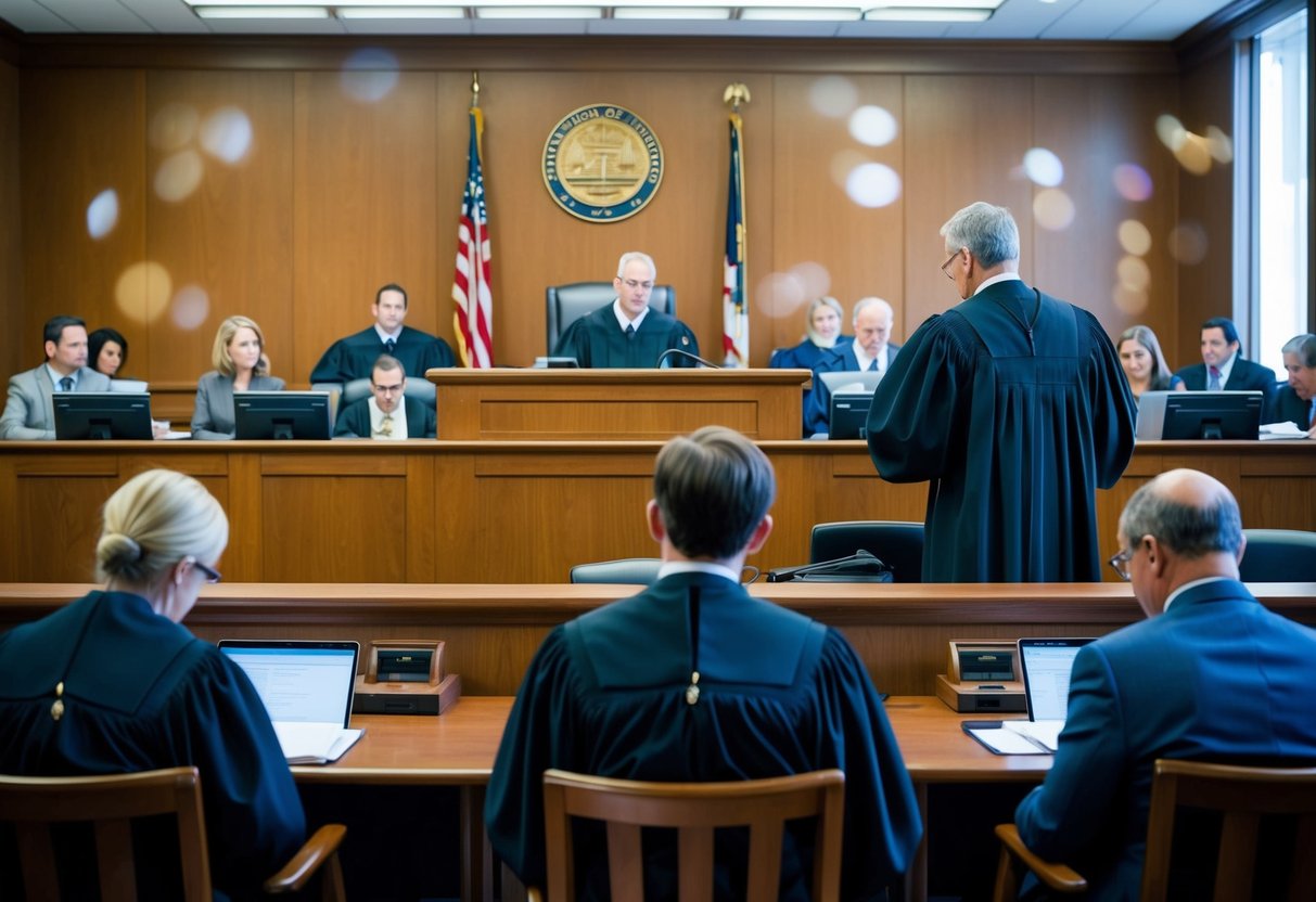 A courtroom scene with a judge presiding over a preliminary hearing, lawyers presenting arguments, and defendants and witnesses in attendance