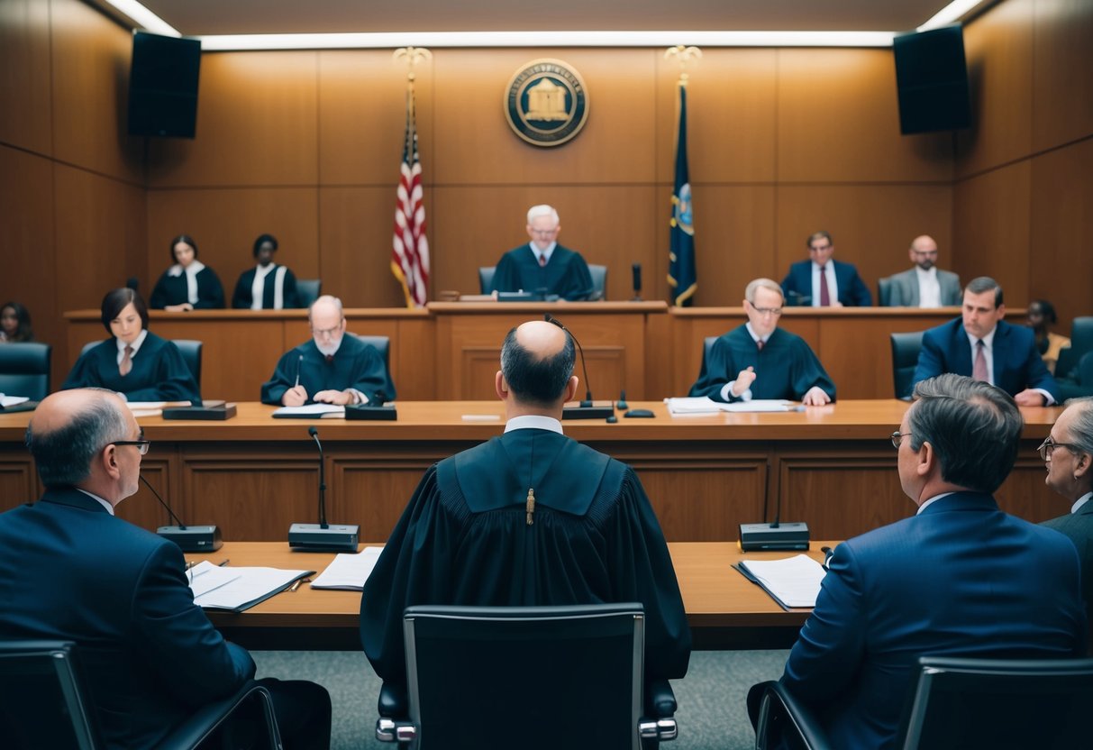 A courtroom with a judge presiding over a preliminary hearing, lawyers presenting evidence and legal arguments, and defendants and spectators observing