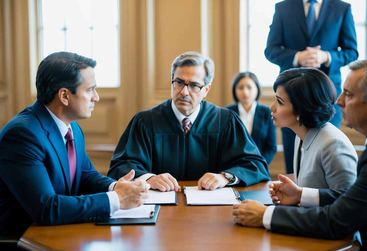 A defense attorney and prosecutor sit at a table, discussing terms. A judge oversees the negotiation, as the defendant looks on anxiously