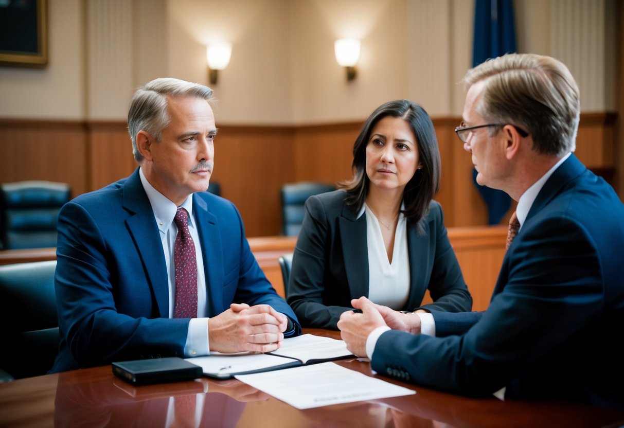 A defense attorney and prosecutor discuss terms at a courthouse table