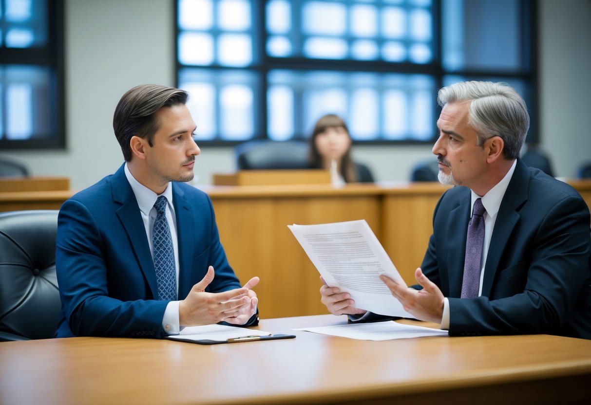 A lawyer and a defendant sit across from each other at a table in a courtroom, engaged in a discussion. The lawyer holds a document and gestures while explaining the basics of plea bargaining in criminal defense