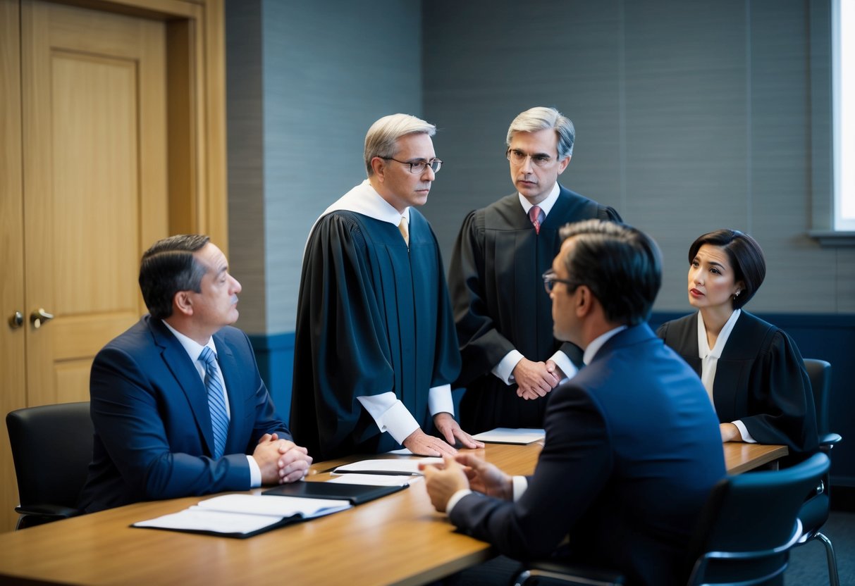 A courtroom with a judge, prosecutor, and defense attorney discussing terms at a table, while a defendant looks on anxiously from their seat