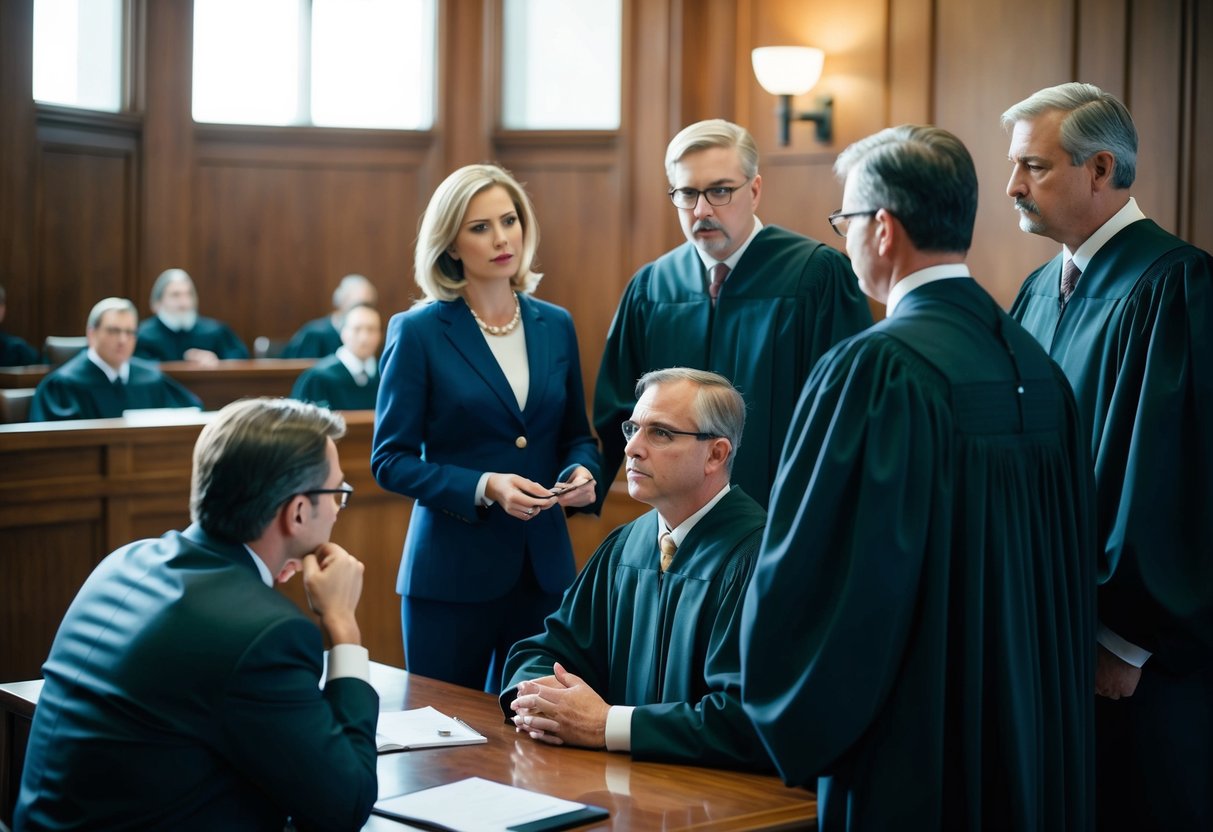 A courtroom scene with a defense attorney and prosecutor discussing terms, while a judge looks on. The defendant sits nearby, contemplating their options