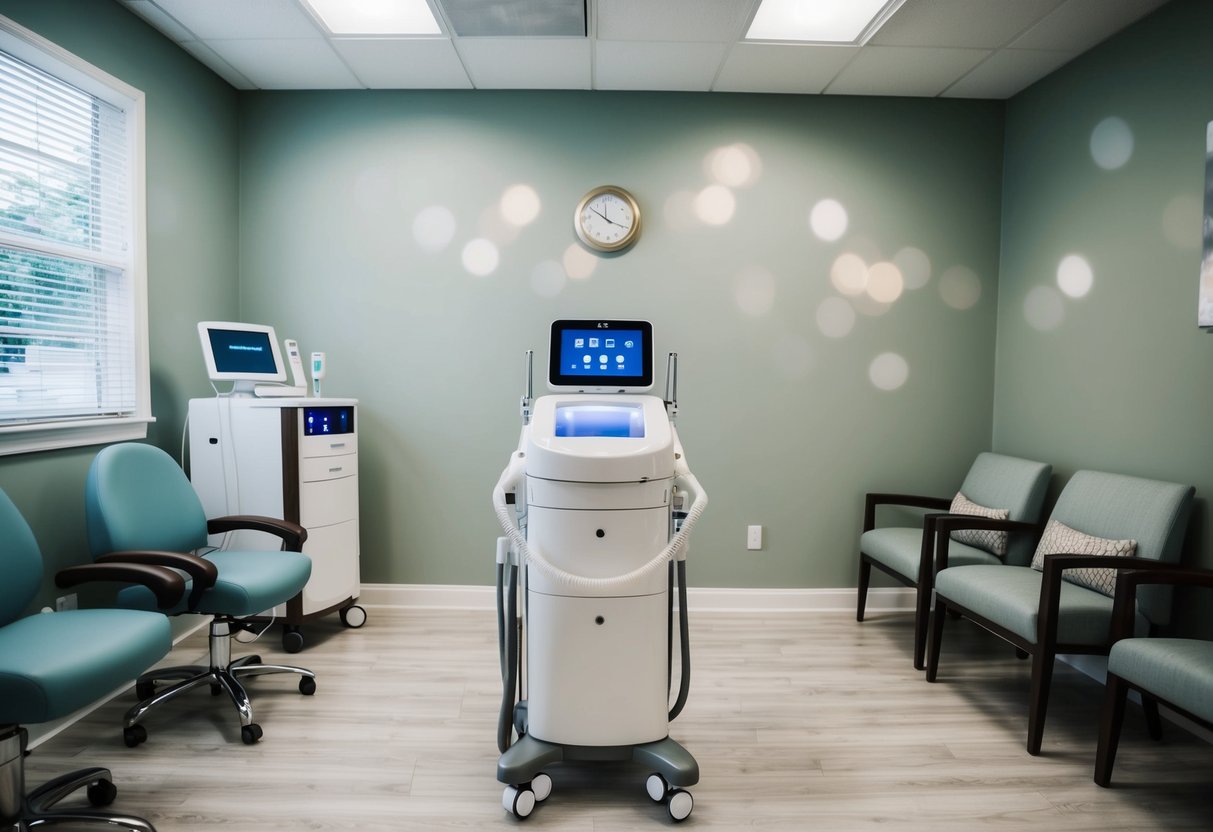 A serene clinic room with medical equipment and a cozy waiting area, with a focus on a PRP hair treatment station in Atlanta