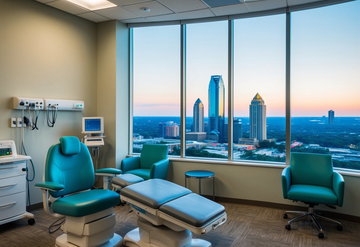 A serene clinic room with a comfortable chair, medical equipment, and a view of Atlanta's skyline through a large window