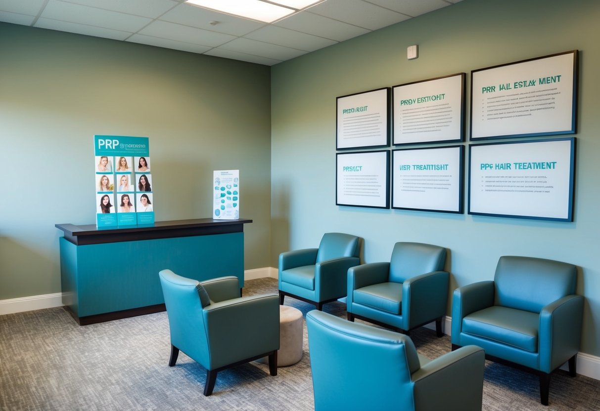 A serene waiting room with comfortable chairs, soft lighting, and a reception desk. A brochure display showcases PRP hair treatment options