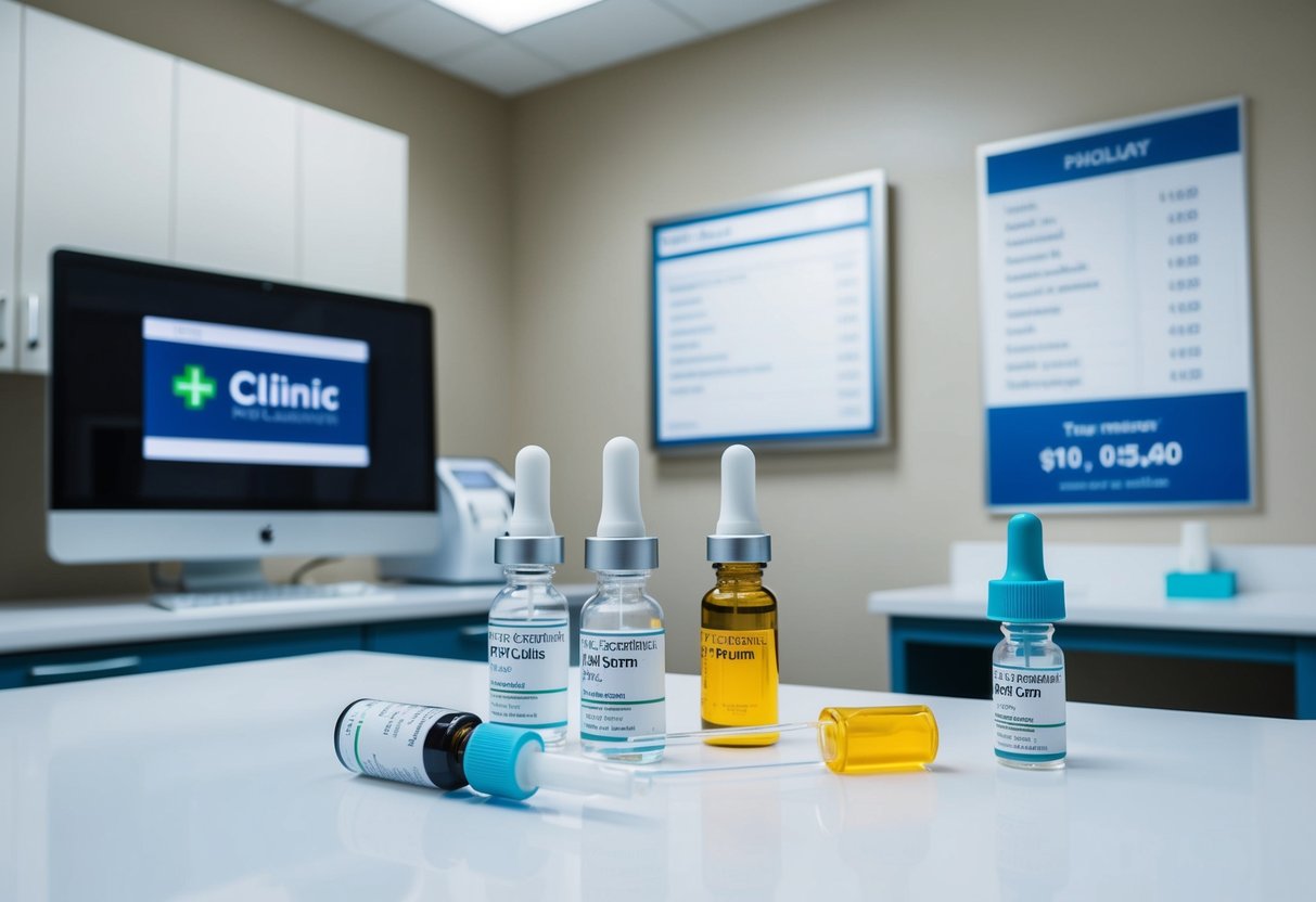 A sterile clinic room with medical equipment and vials of PRP serum, a price list on the wall, and a computer displaying treatment costs by clinic in Atlanta