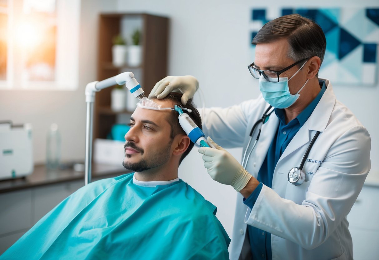 A medical professional preparing and administering PRP treatment to a patient's scalp using specialized equipment in a modern clinic setting