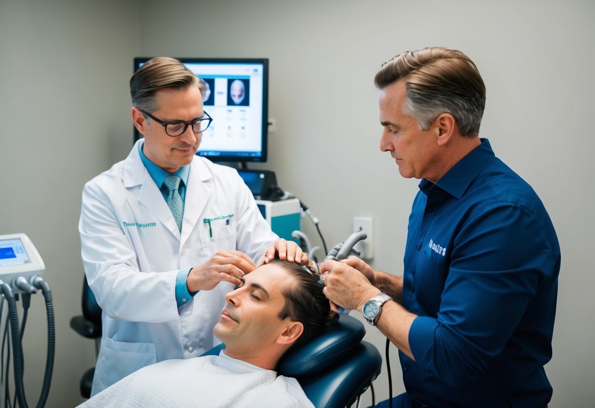 A doctor performing PRP hair restoration on a patient in an Atlanta clinic, with medical equipment and a treatment chair in the background