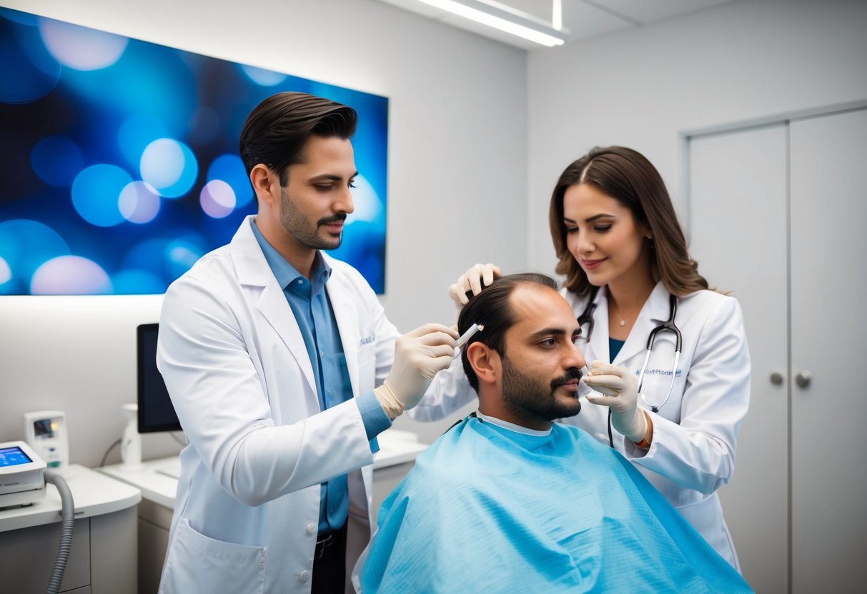 A modern clinic setting with medical equipment and a professional administering PRP hair treatment to a patient