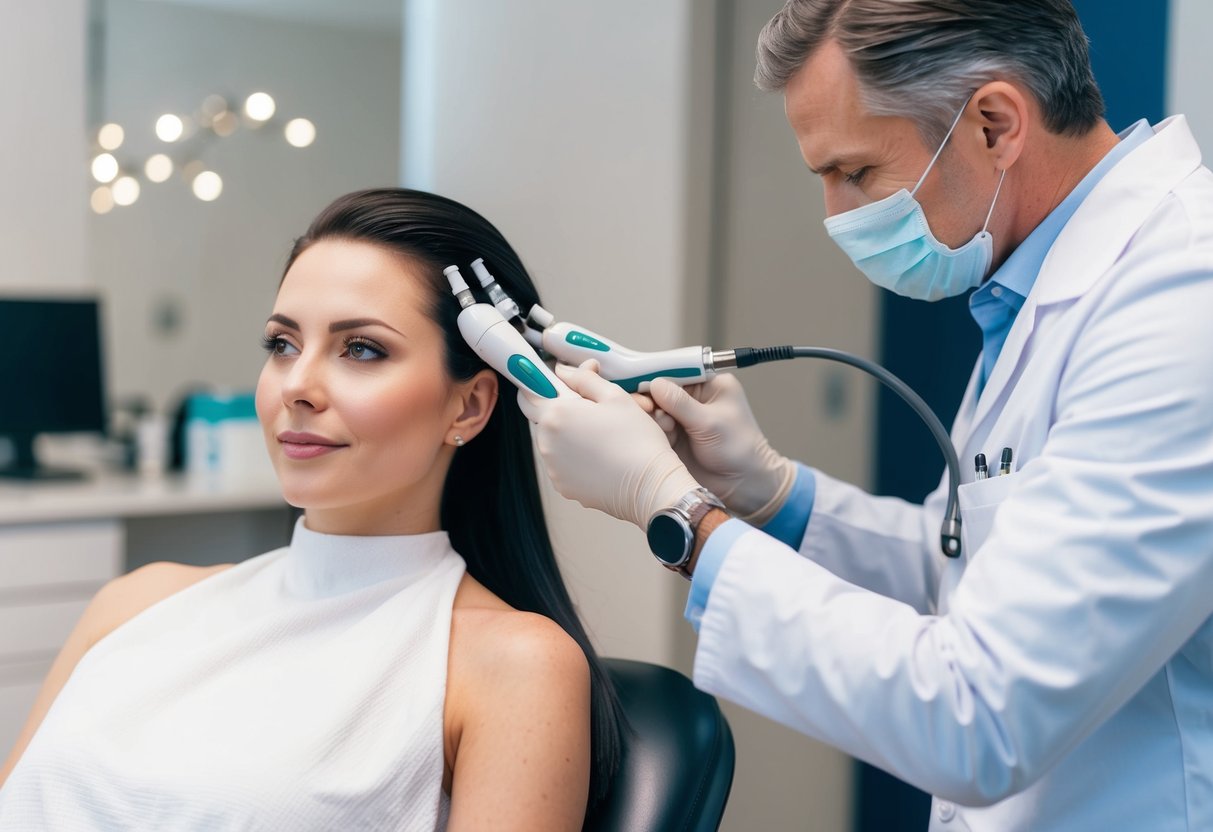 A doctor performing PRP hair treatment on a patient in a modern clinic in Atlanta