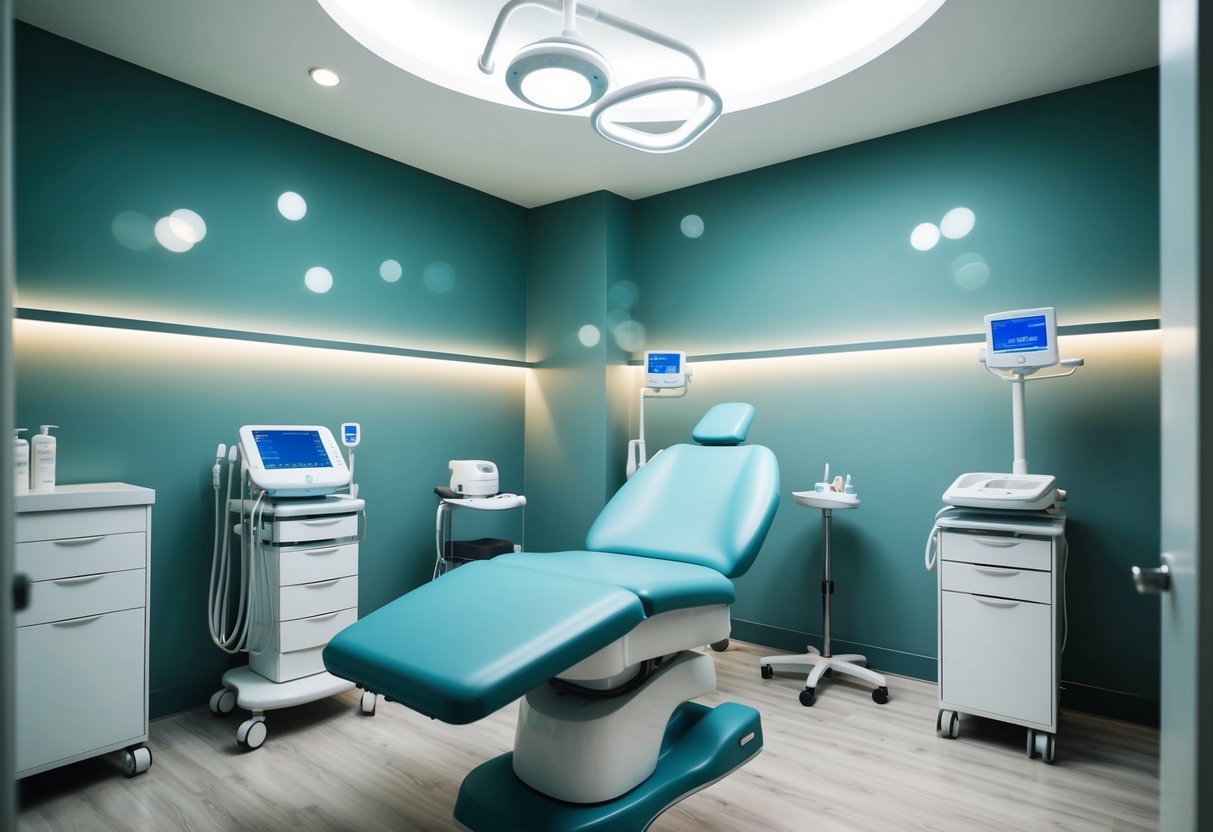 A serene clinic room with medical equipment and a comfortable treatment chair, surrounded by modern decor and soothing lighting