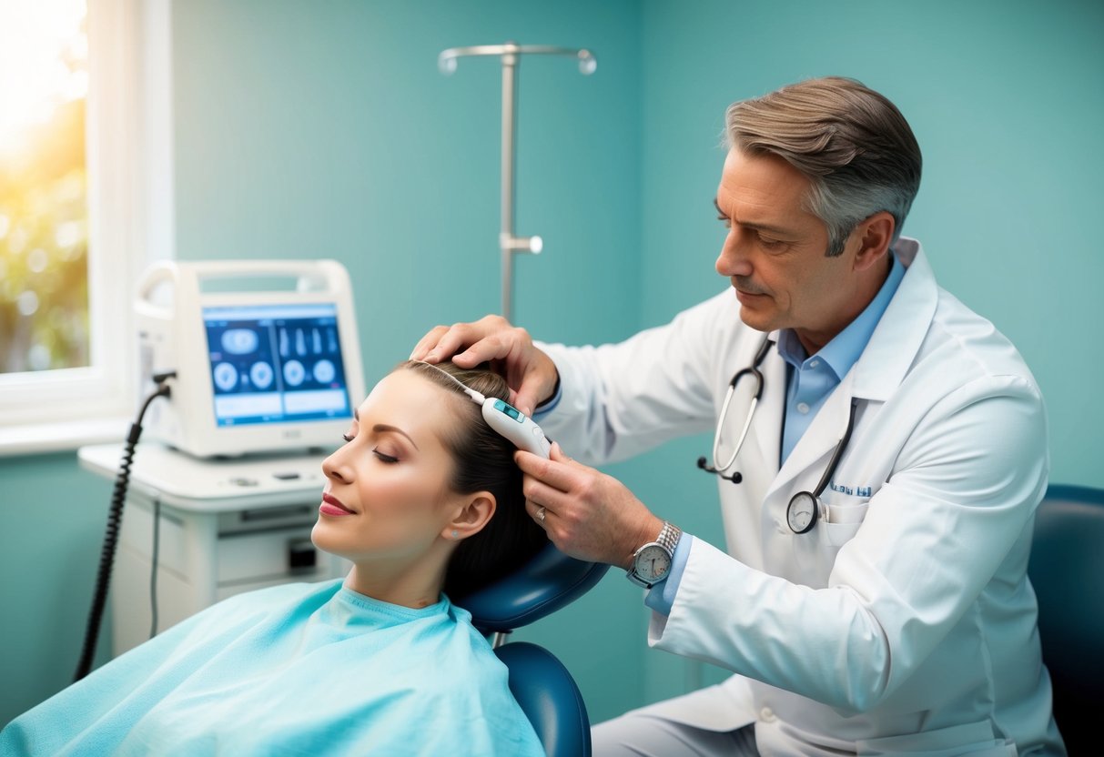 A serene clinic room with medical equipment and a doctor performing PRP hair treatment on a patient's scalp