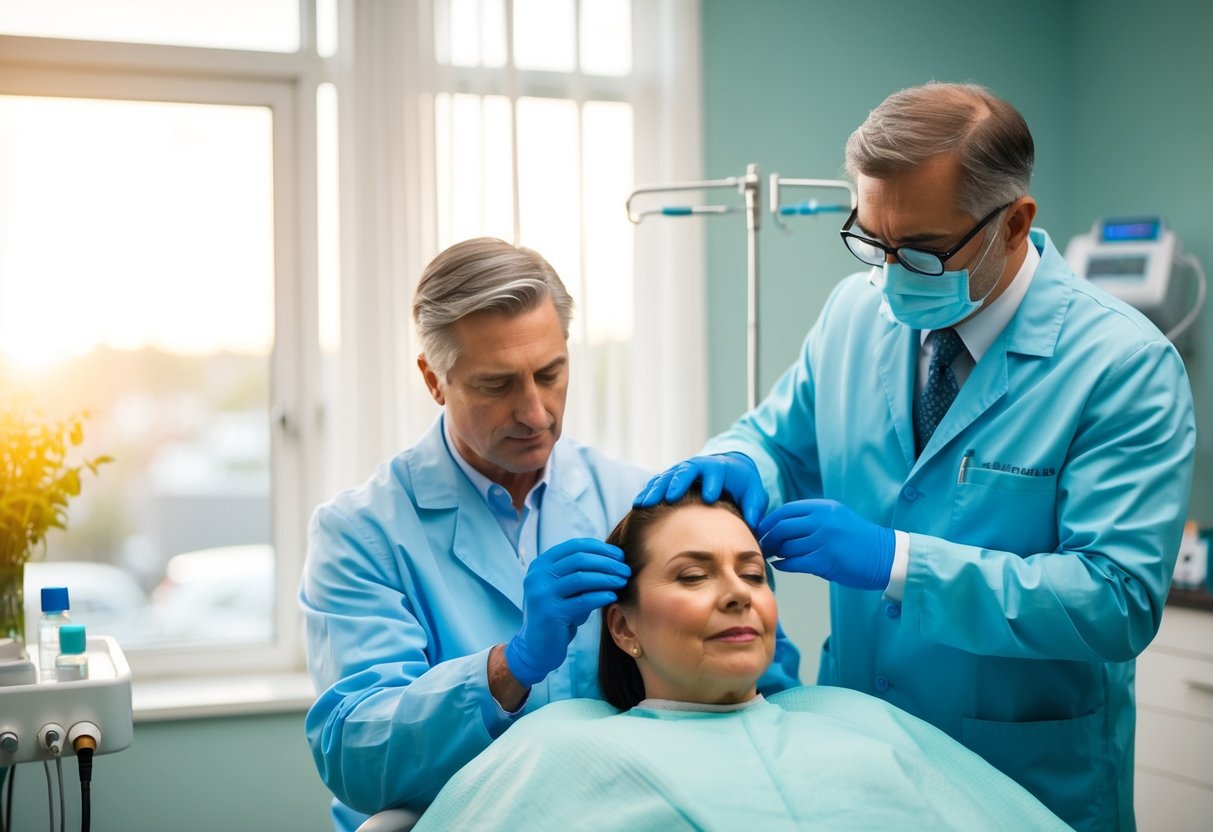 A serene clinic setting with a doctor performing PRP hair restoration on a patient, surrounded by medical equipment and a calming atmosphere