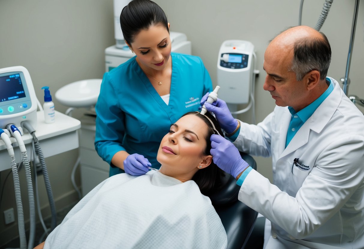 A doctor performing PRP hair treatment on a patient in an Atlanta clinic, surrounded by medical equipment and a comfortable treatment chair