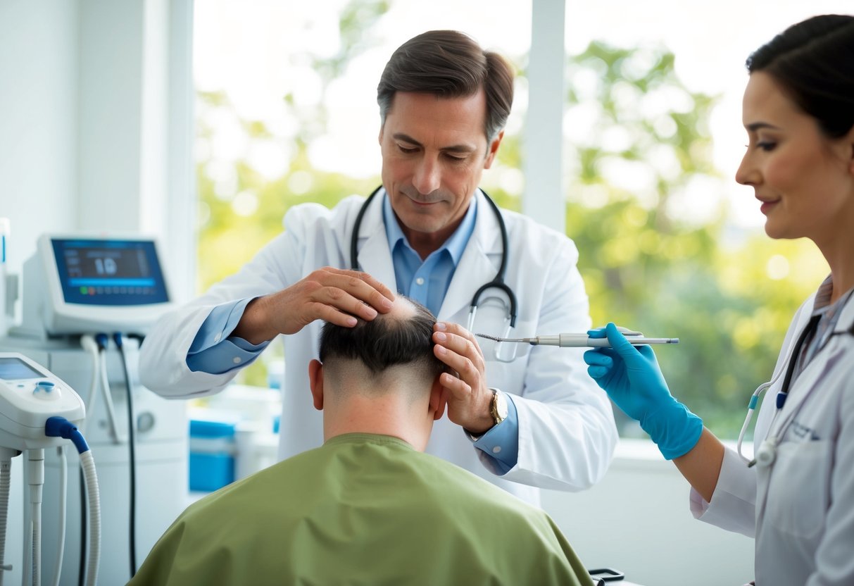 A serene clinic setting with a doctor performing PRP hair treatment on a patient's scalp, surrounded by medical equipment and a peaceful atmosphere