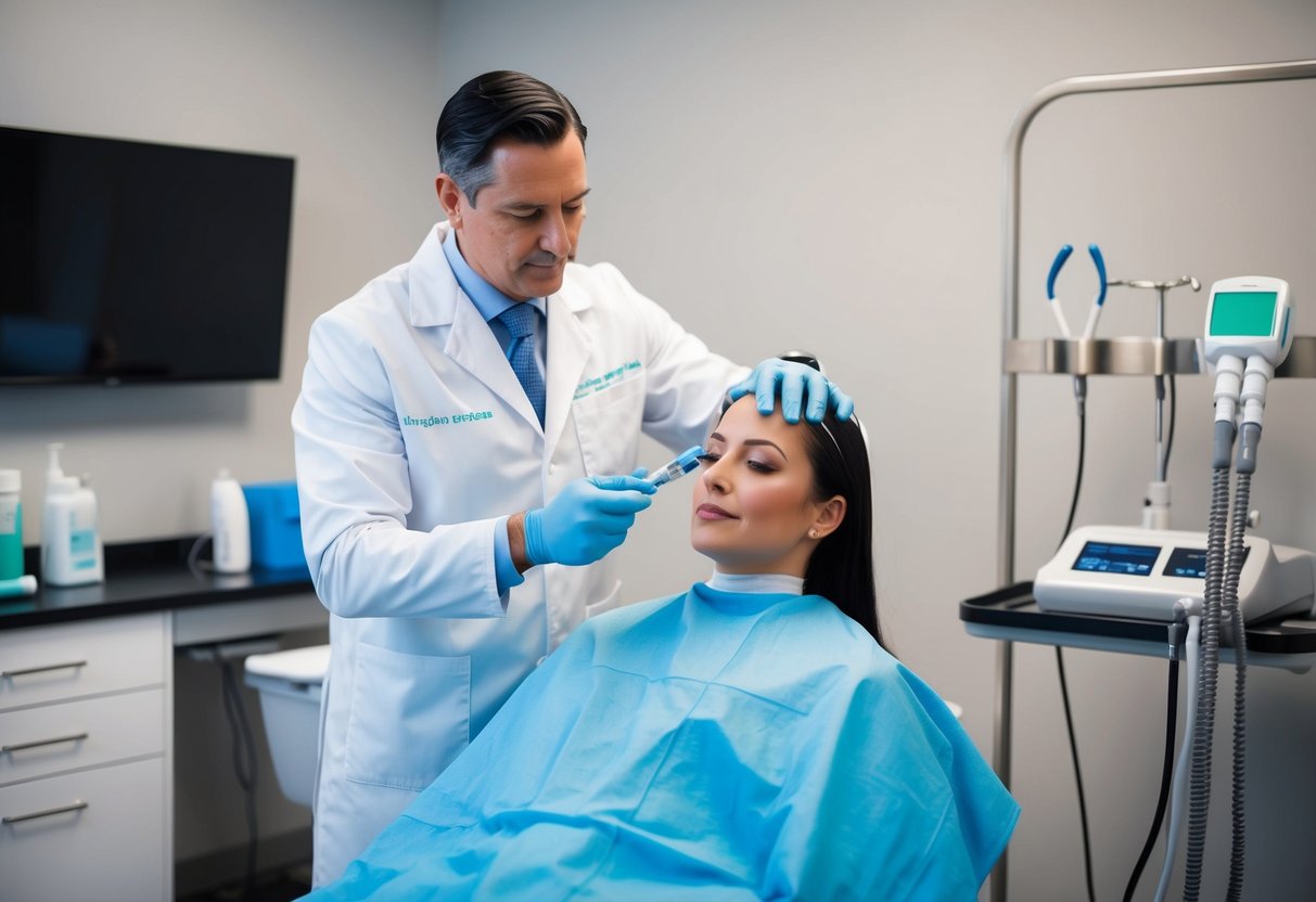 A doctor performing PRP hair treatment on a patient in a modern Atlanta clinic, surrounded by medical equipment and tools