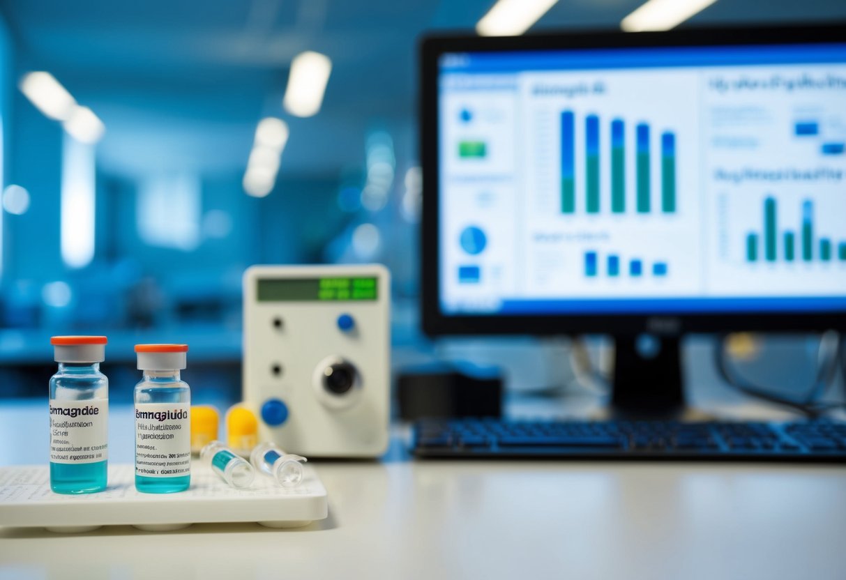 A laboratory setting with vials of semaglutide, scientific equipment, and a computer displaying appetite regulation data