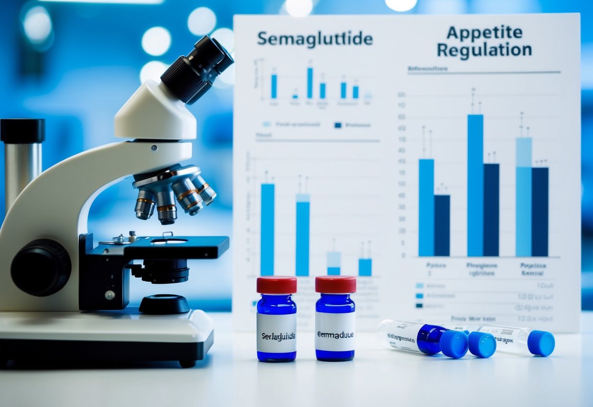 A laboratory setting with a microscope and vials of semaglutide, alongside graphs showing appetite regulation data