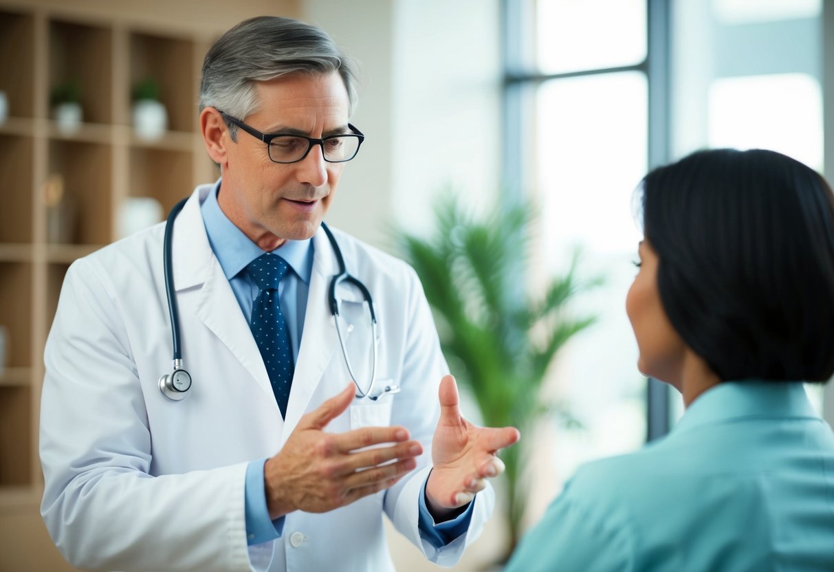 A doctor explaining the benefits of Semaglutide therapy to a patient in a modern clinic setting