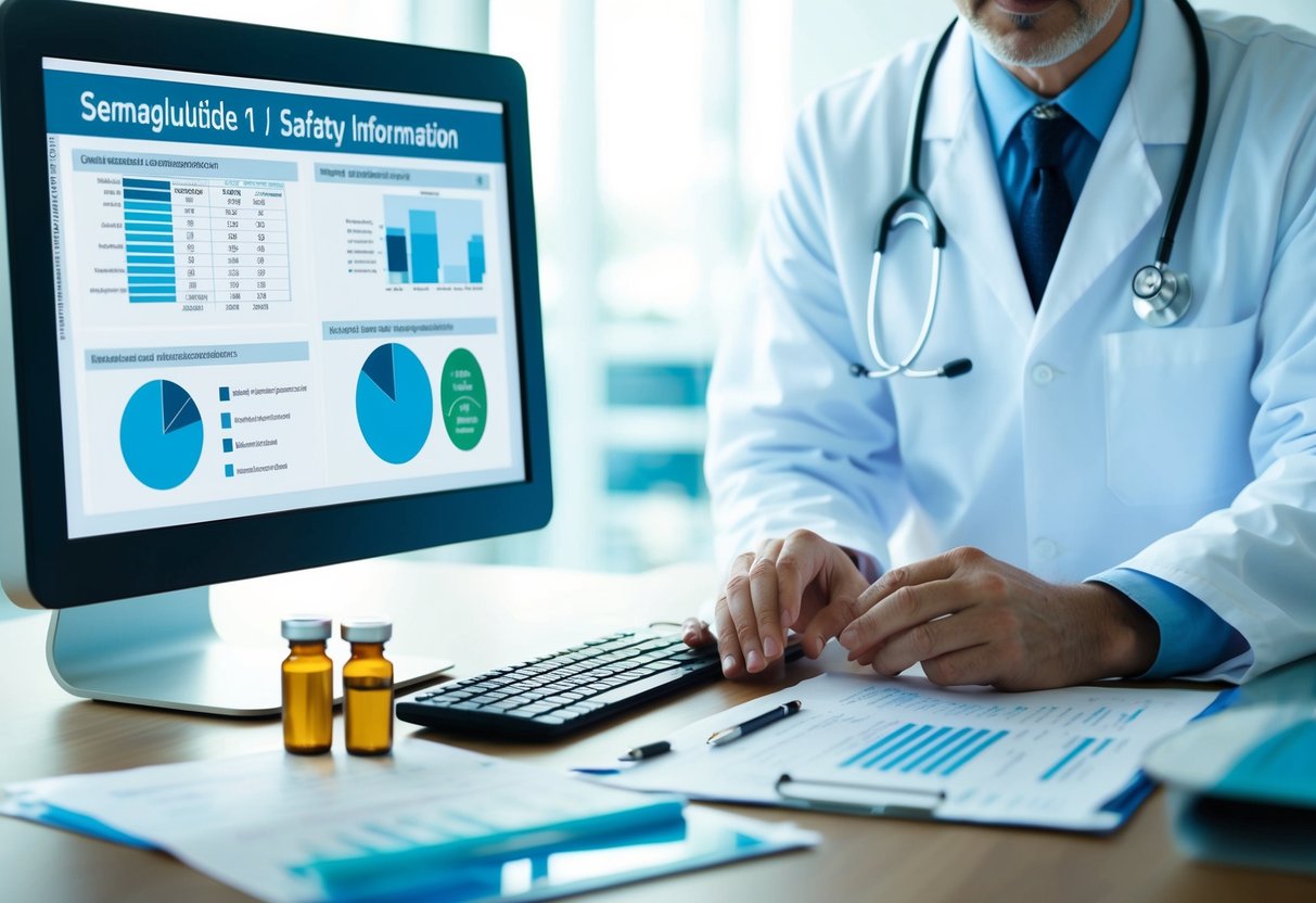 A doctor reviewing clinical data and safety information on a computer screen, with a vial of semaglutide and medical documents on the desk