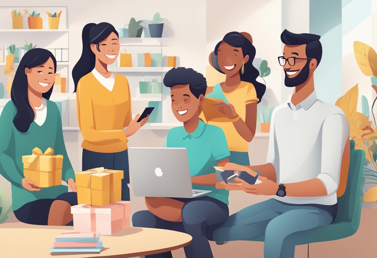 A group of happy customers receiving personalized thank you gifts from an online store, while a customer success manager looks on with satisfaction