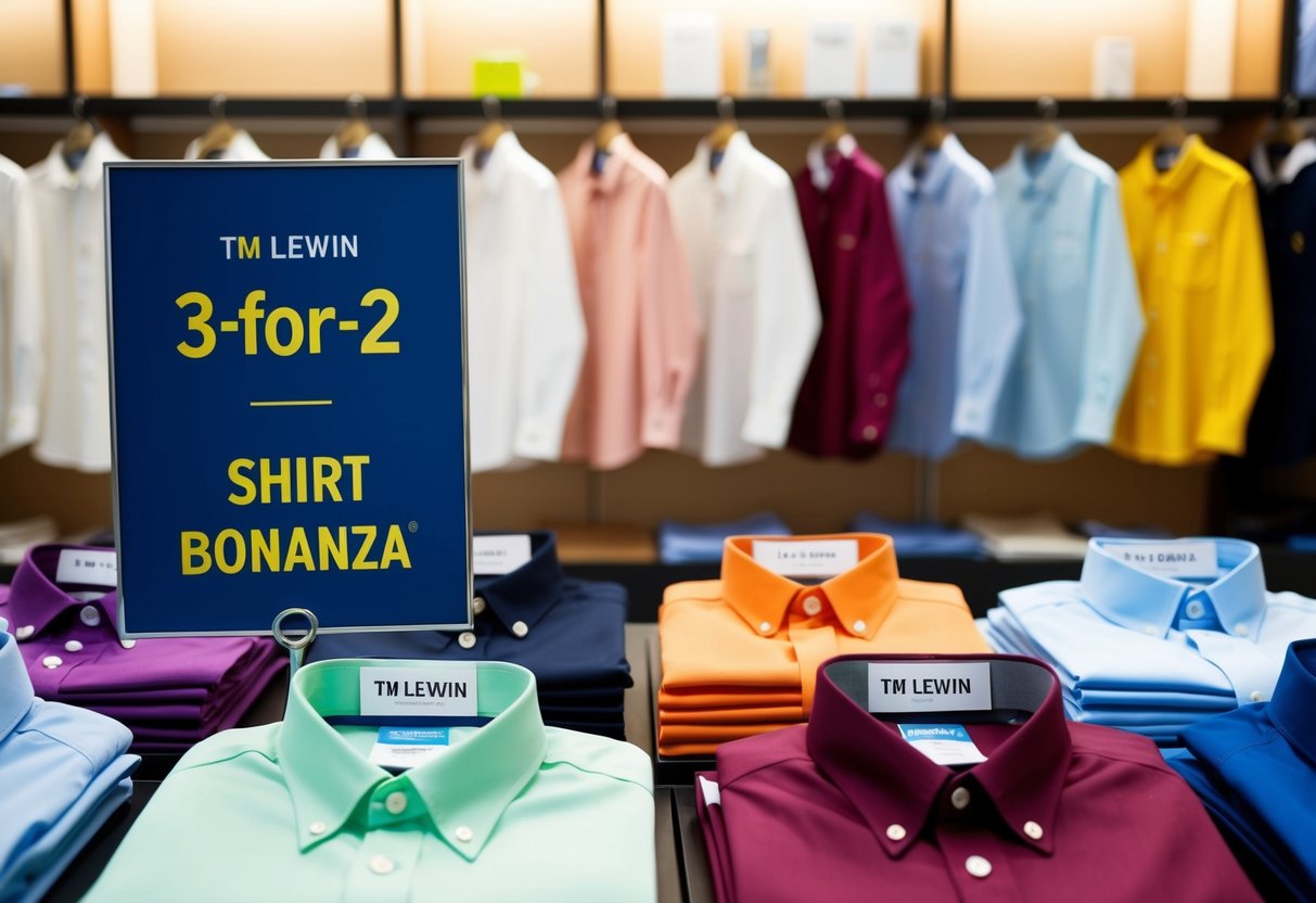 A display of colorful shirts with a "3-for-2 Shirt Bonanza" sign at a TM Lewin store