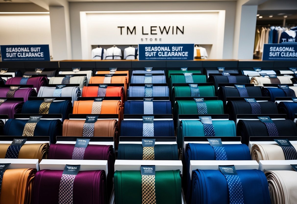 A display of neatly folded suits in various colors and patterns, surrounded by signs advertising the Seasonal Suit Clearance at the TM Lewin store