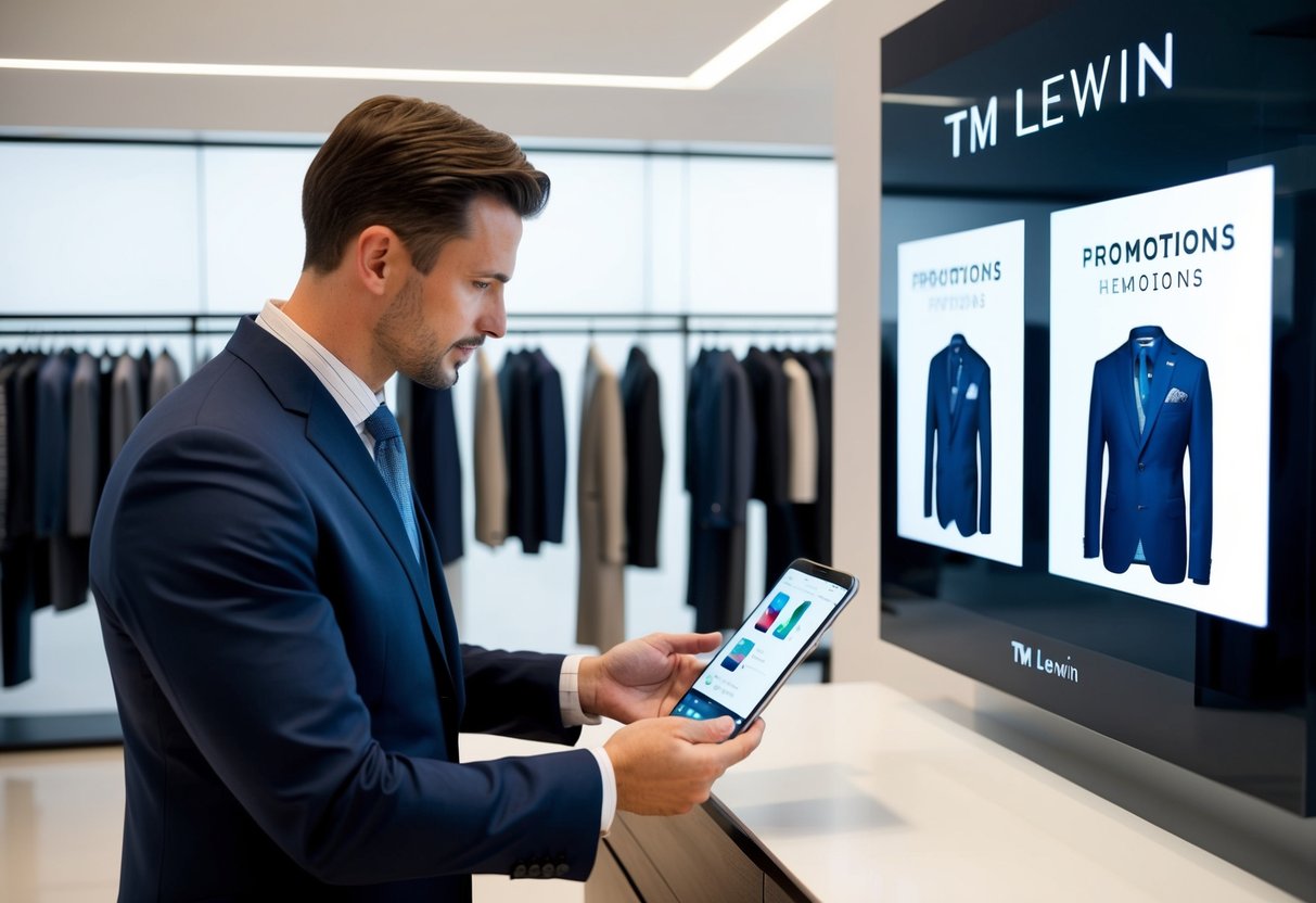 A well-dressed man browsing TM Lewin promotions displayed on a sleek digital screen in a modern, minimalist store