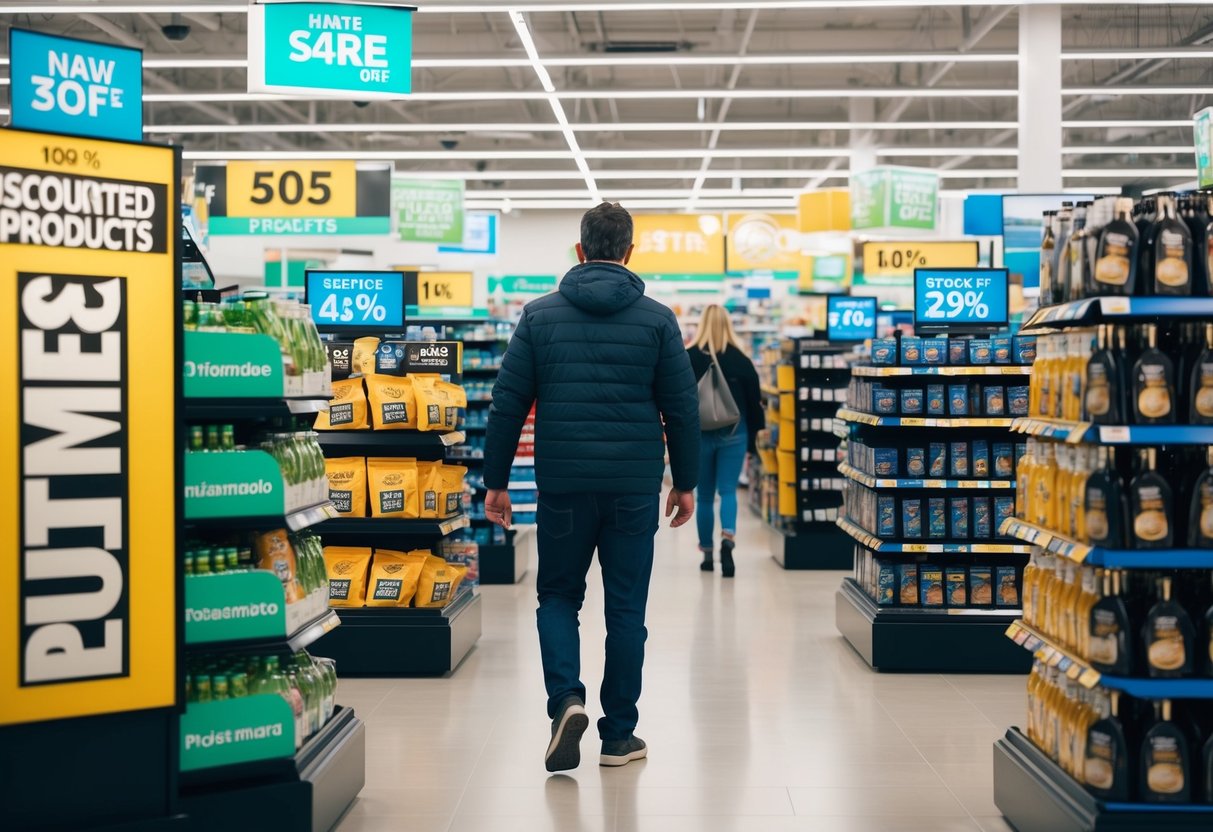 A customer browsing through a store, surrounded by various promotional signs and displays highlighting discounted products