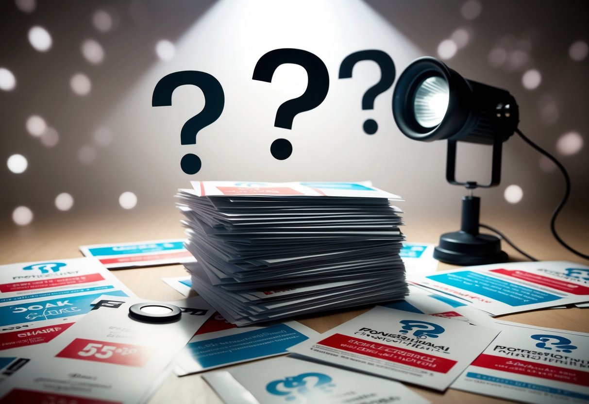 A stack of promotional flyers surrounded by question marks and a spotlight