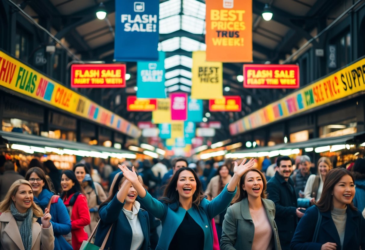 A bustling marketplace with colorful banners and excited shoppers. Bright lights and bold signage advertise "Flash Sale: Best Prices This Week!"