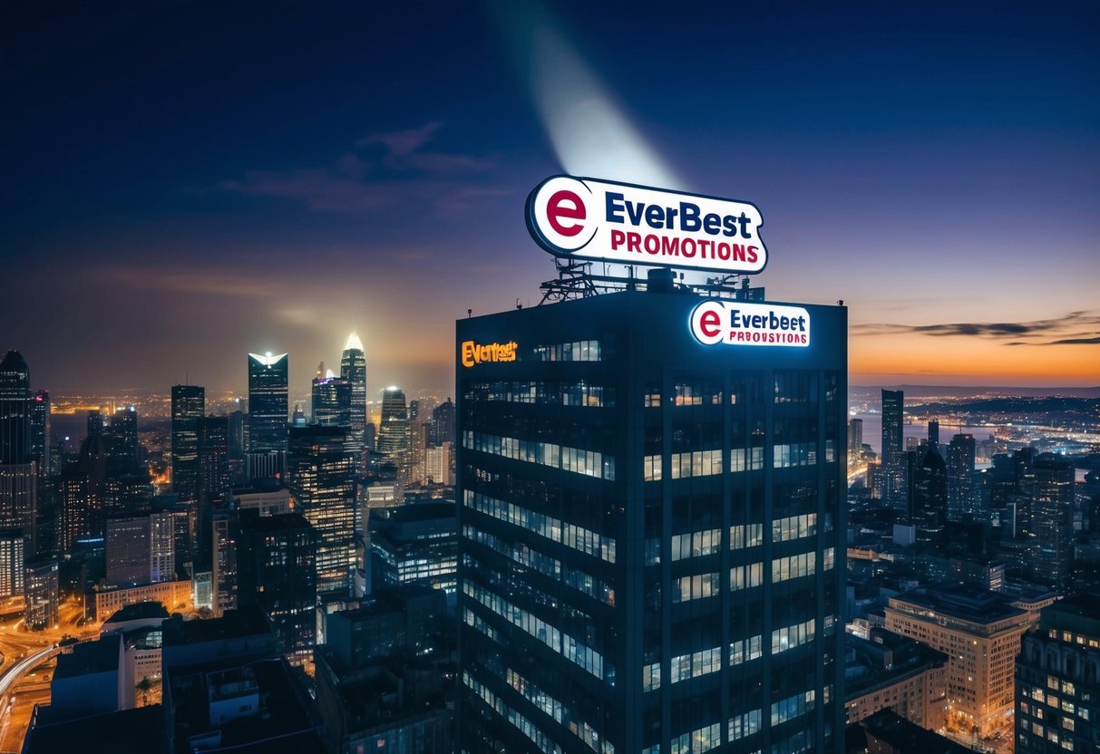 A vibrant city skyline with a spotlight shining on the Everbest Promotions logo atop a tall building. The city is bustling with activity, and the logo stands out prominently against the night sky