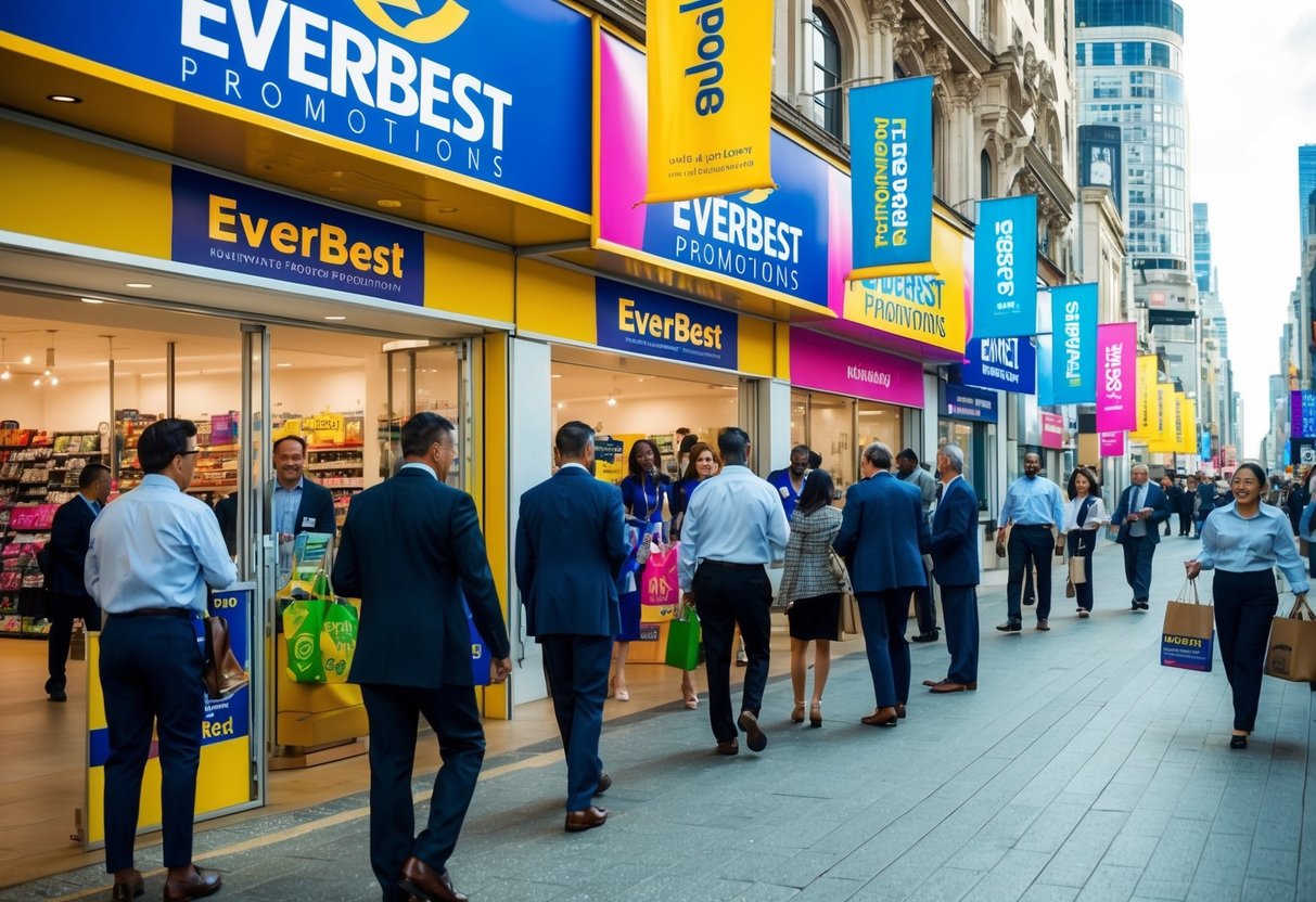 A bustling city street with colorful banners and signs promoting Everbest promotions. People are seen entering stores and engaging with sales representatives