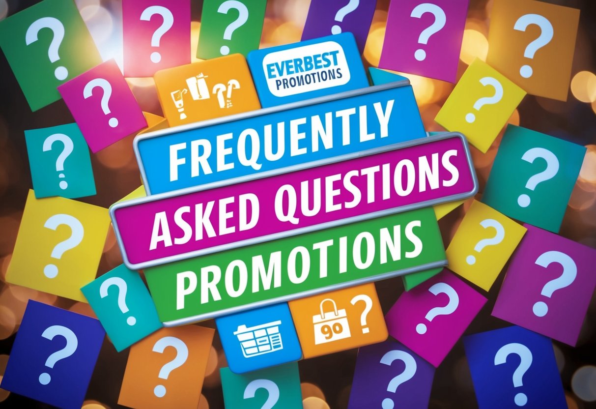 A colorful banner with the words "Frequently Asked Questions" and "everbest promotions" surrounded by question marks and promotional items