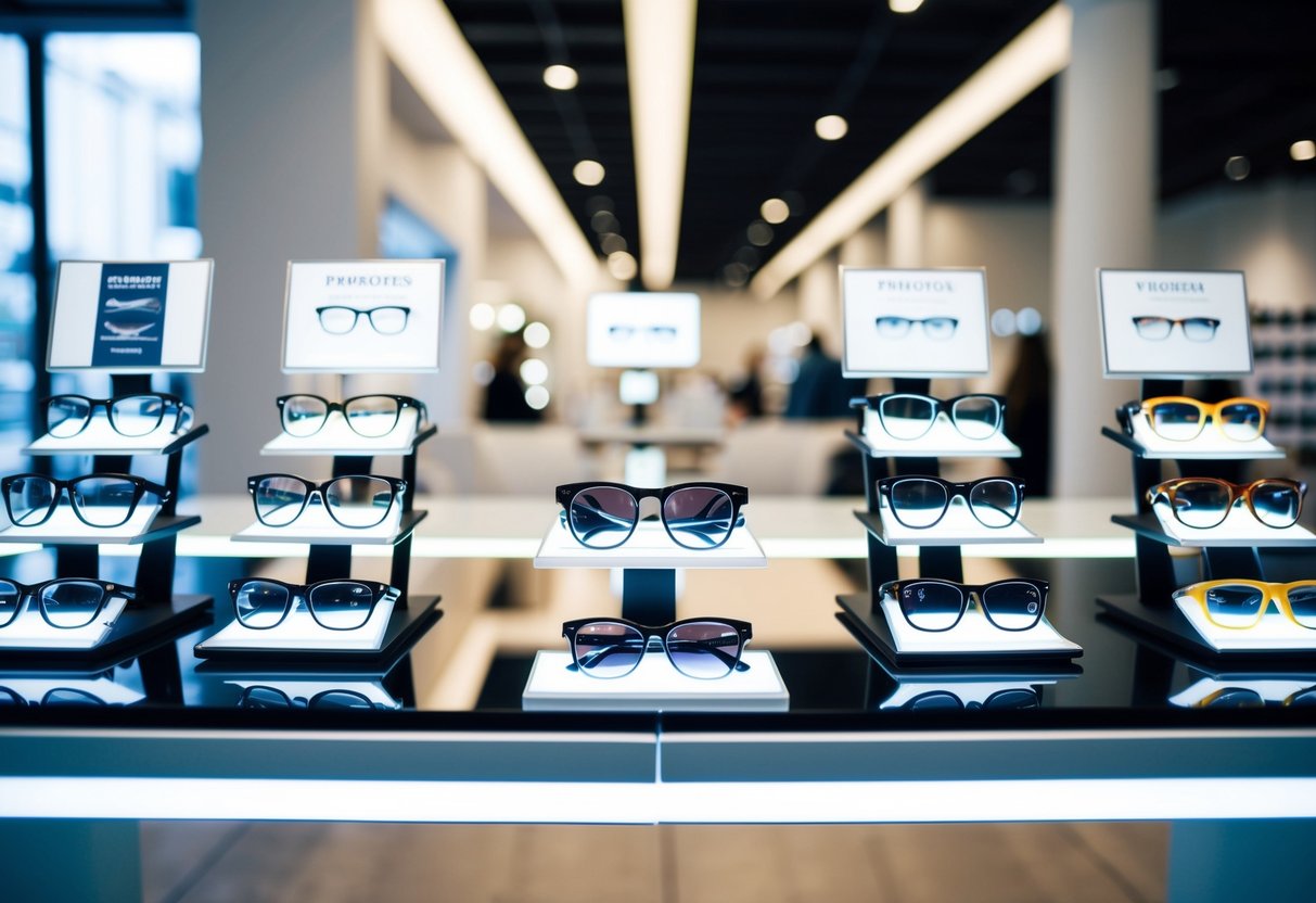 A display of various eyewear products arranged on a sleek, modern table with bright lighting to highlight the promotions