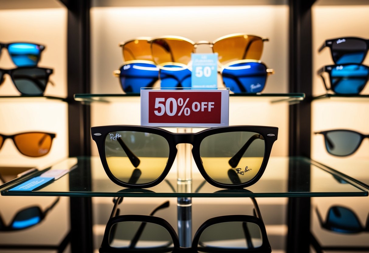 A display of Ray-Ban Sunglasses with a "50% off" sign