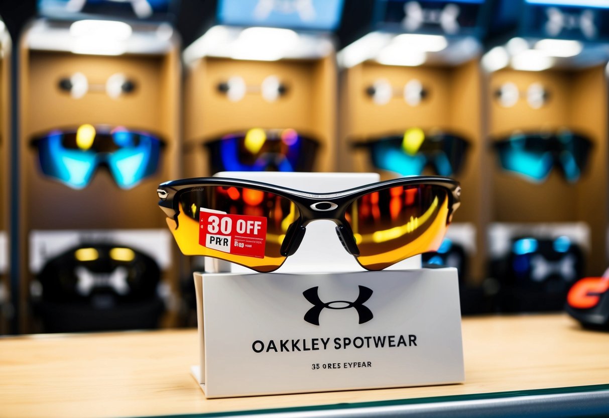 A display of Oakley Sports Eyewear with a 30% off promotion