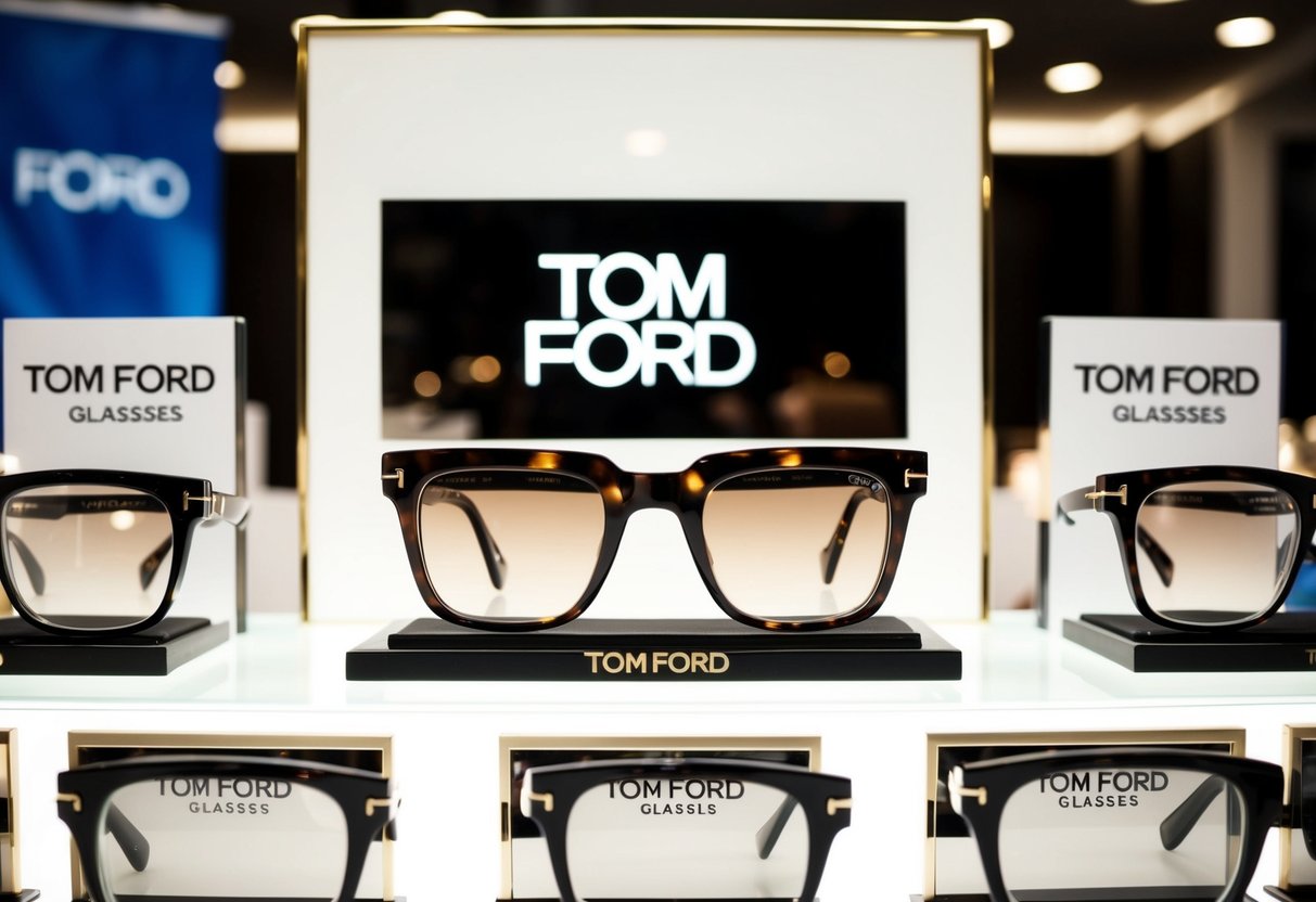 A display of Tom Ford glasses on sale, surrounded by promotional signs and banners