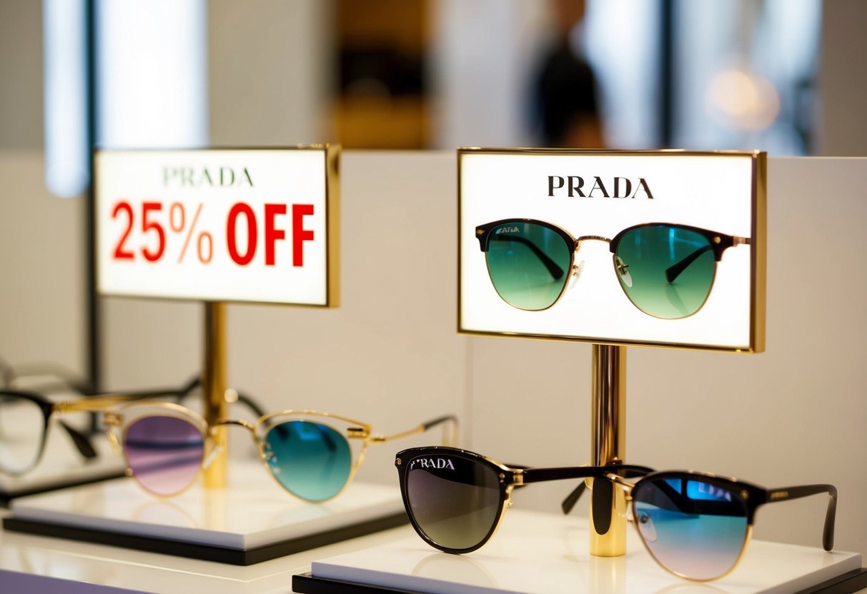 A display of Prada Eyewear with a prominent "25% off" sign