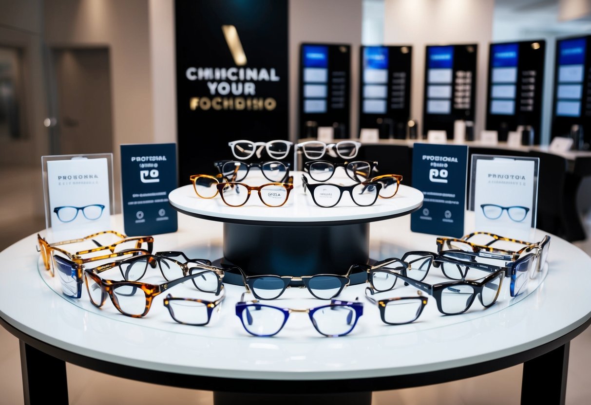 A display of various eyewear frames arranged on a sleek, modern table with promotional signage and branding materials surrounding them