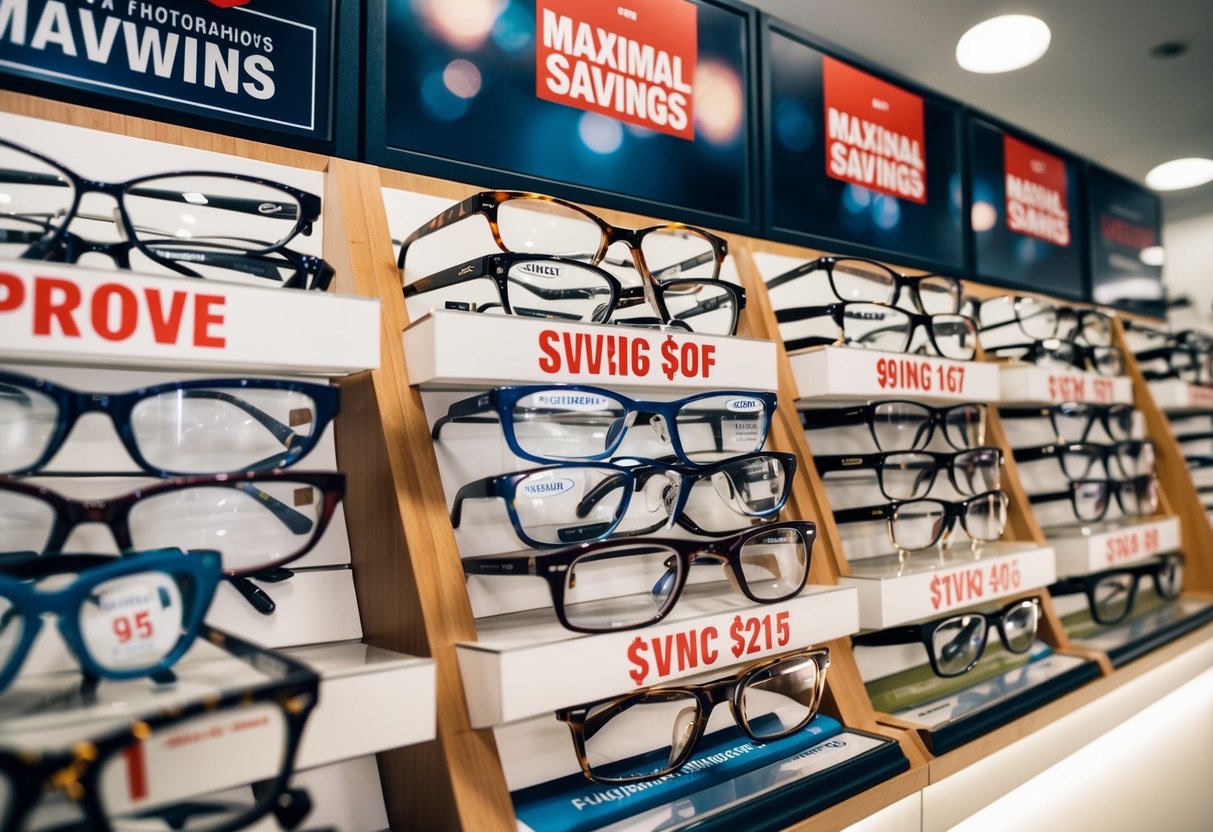 A display of various eyewear frames arranged neatly on shelves with prominent signage showcasing "Maximal Savings" promotions