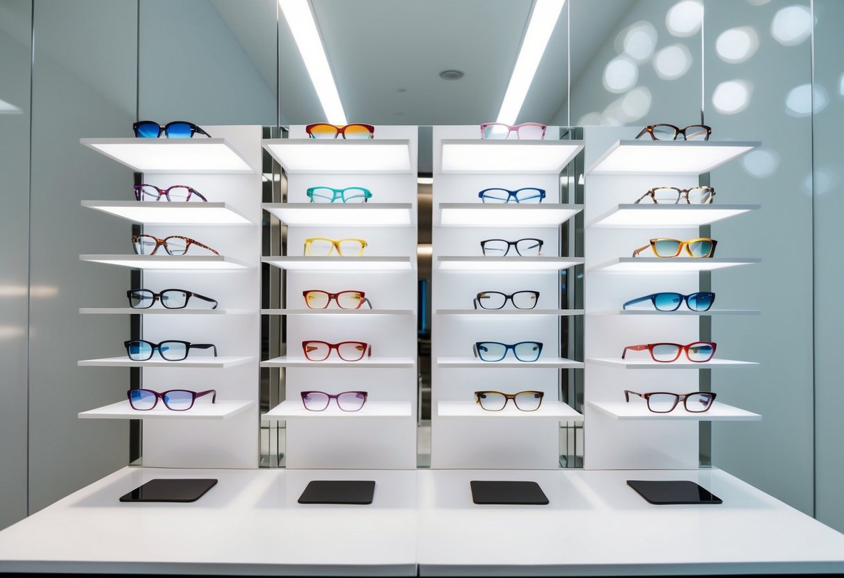 A colorful display of trendy eyewear arranged on sleek, modern shelves with bright lighting and a minimalist backdrop